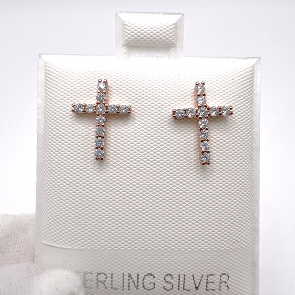 Rose GP/Sterling Silver Cz Cross Post Earrings - Picture 3 of 16